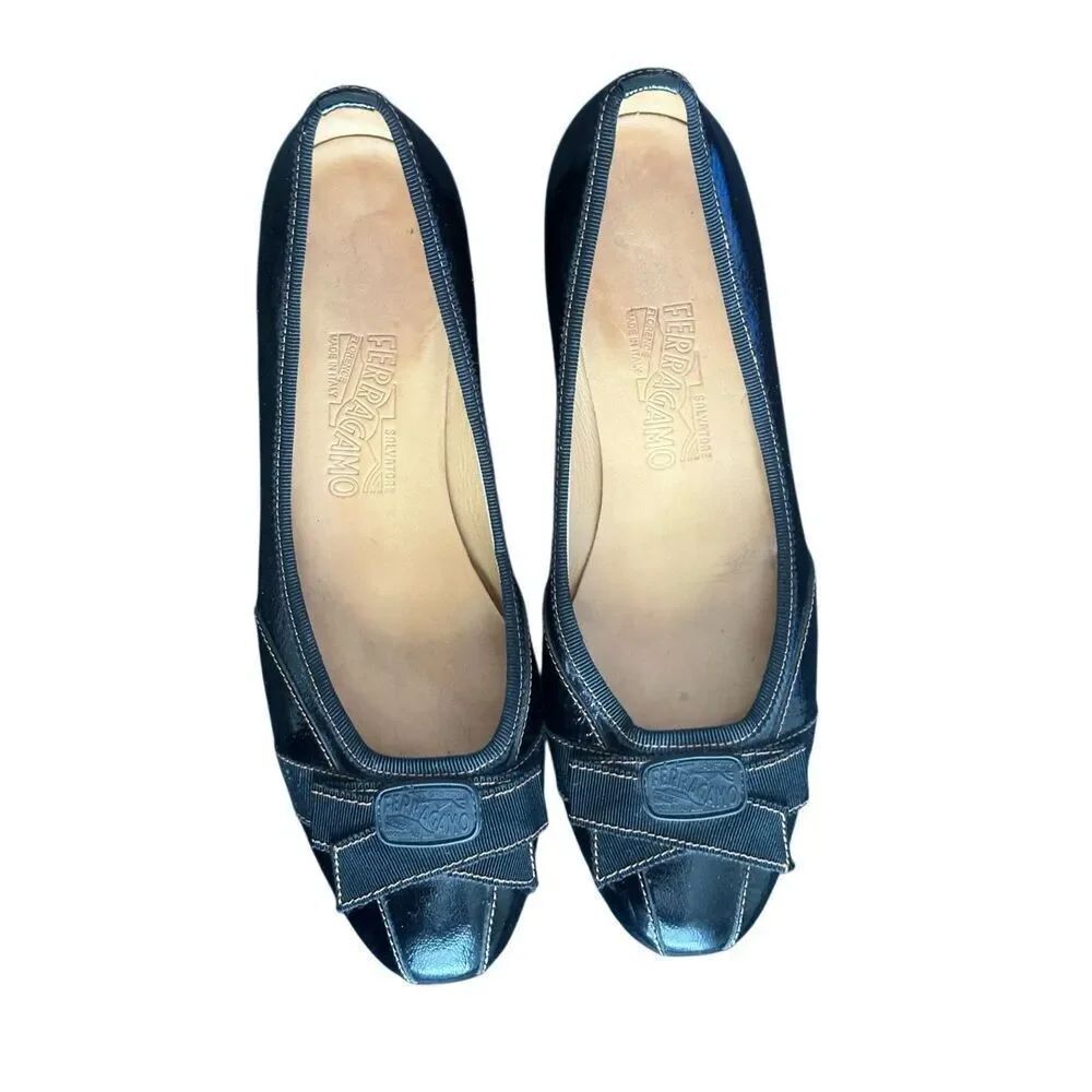 Salvatore Ferragamo Black Patent Ribbon Logo Flats Size 7 1/2